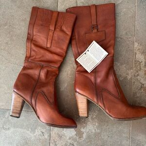 Dexter Nature-Hide Brown Leather Mid-Calf Western Boots Stacked Heel 10